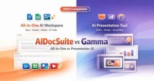 AIDocSuite vs Gamma comparison showing all in one AI workspace vs AI presentation tool