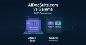 AIDocSuite.com vs Gamma — 2025 AI tool comparison graphic showing AI workspace vs presentation maker