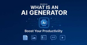 AI Generator banner showing productivity icons and modern blue gradient background