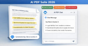 AI PDF Suite 2026 interface showing chat with PDF, automated risk summary, and smart redaction analysis