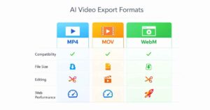 AI Video Export Formats comparison chart showing MP4 vs MOV vs WebM for compatibility, file size, editing flexibility and web performance