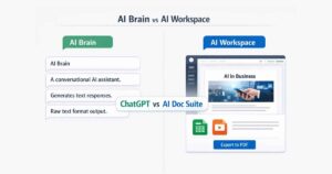 ChatGPT vs AI Doc Suite comparison showing AI brain conversational model versus structured browser-based AI workspace with formatted document output