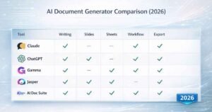 Best AI Document Generator in 2026 (Tested & Compared) – AI Doc Suite Best AI Document Generator in 2026 comparison chart showing Claude, ChatGPT, Gamma, Jasper and AI Doc Suite