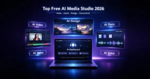 Top Free AI Media Studio Tools in 2026 (Complete Creator Stack) – AI Doc Suite Top Free AI Media Studio 2026 dashboard showing AI video audio design and document workflow tools
