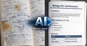 A clean visual representation of an AI study guide generator transforming messy handwritten lecture notes into a structured, professional PDF document for students