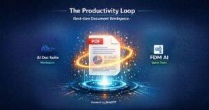 Hybrid AI Document Generator ecosystem featuring AI Doc Suite workspace and FDM AI tools powered by fdmGTP engine.