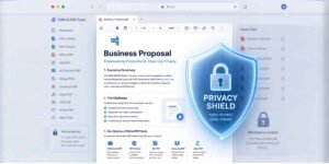 A digital workspace interface featuring a privacy shield, representing the Best PDF and Document Editors 2026.