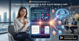 A professional woman using the Ultimate AI Document and PDF Suite Mobile App on her smartphone to summarize, translate, and convert PDFs.